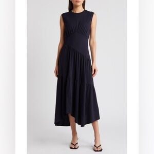 new Frame Denim gathered seam organic cotton midi-dress in navy blue
